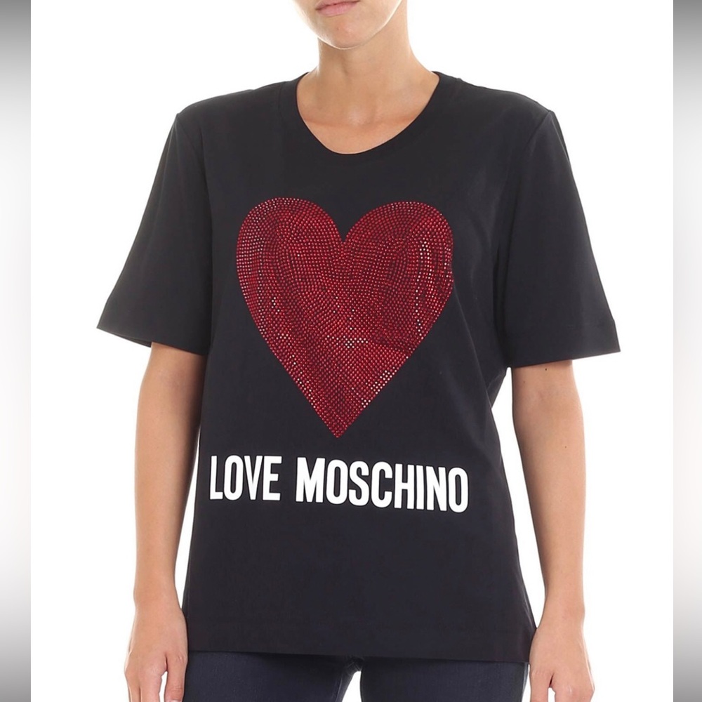 Love Moschino Rhinestones heart logo print cotton T-shirt.